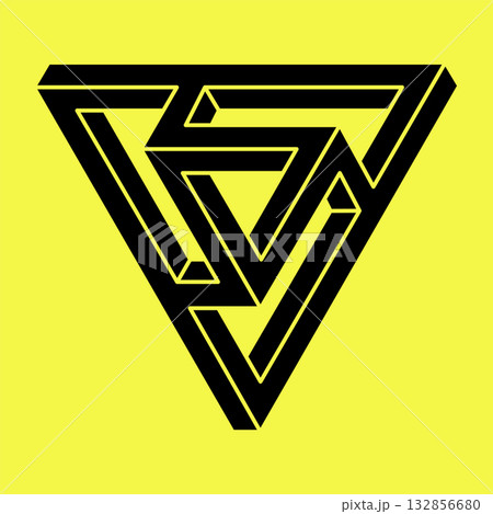Optical illusion. Sacred geometry. Impossible shapes. Abstract eternal geometric object. Impossible endless outline figure. Optical art. Impossible geometry symbol on a yellow background. 132856680