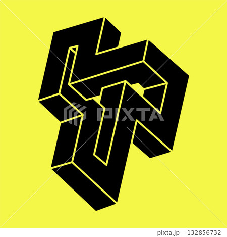 Optical illusion. Impossible shapes. Sacred geometry figure. Abstract eternal geometric object. Impossible endless outline. Optical art. Impossible geometry shape on a yellow background. Optical illusion. Impossible shapes. Sacred geometry figure. Abstract eternal geometric object. Impossible endless outline. Optical art. Impossible geometry shape on a yellow background. 132856732