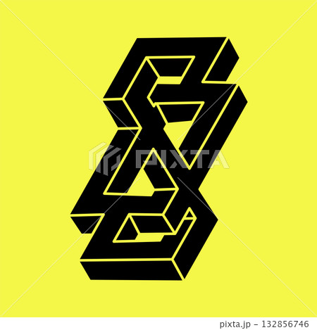 Impossible shapes. Sacred geometry. Optical illusion figure. Abstract eternal geometric object. Impossible endless outline shape. Optical art. Impossible geometry shape on a yellow background. Impossible shapes. Sacred geometry. Optical illusion figure. Abstract eternal geometric object. Impossible endless outline shape. Optical art. Impossible geometry shape on a yellow background. 132856746