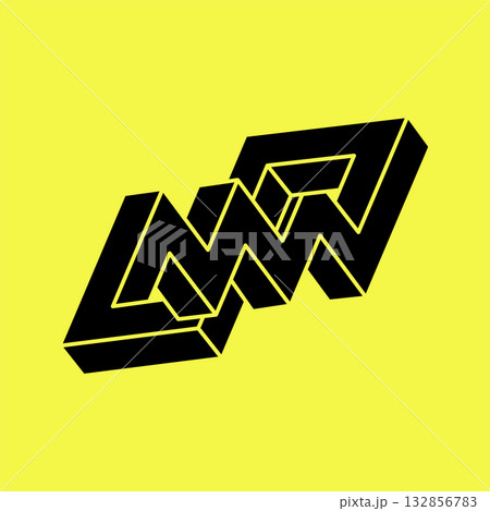 Optical illusion figures .Impossible shapes. Sacred geometry. Abstract eternal geometric objects. Impossible endless outline shapes. Optical art. Impossible geometry shape on a yellow background. 132856783