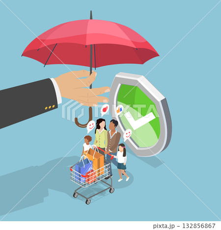3D Isometric Flat Vector Illustration of Consumer Protection, Young Family Shopping Together With Umbrella 3D Isometric Flat Vector Illustration of Consumer Protection, Young Family Shopping Together With Umbrella 132856867