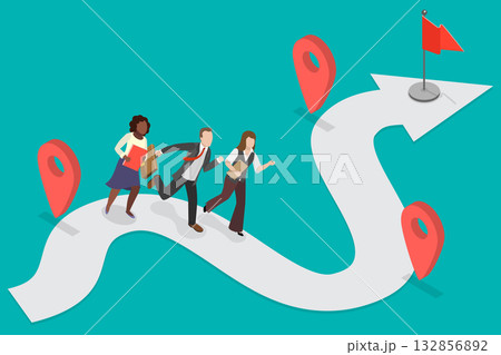 3D Isometric Flat Vector Illustration of Roadmap, Pathway To Success Through Project Planning And Team Progress Tracking 132856892