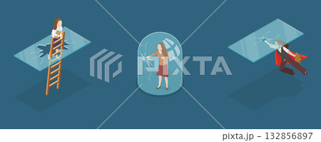 3D Isometric Flat Vector Illustration of Glass Barriers, Women Shattering Glass Ceiling And Dome 3D Isometric Flat Vector Illustration of Glass Barriers, Women Shattering Glass Ceiling And Dome 132856897