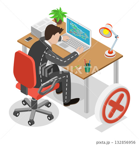 3D Isometric Flat Vector Illustration of How To Sit At Desk, Advice For Office Workers On Correct Sitting Posture. Item 3 132856956