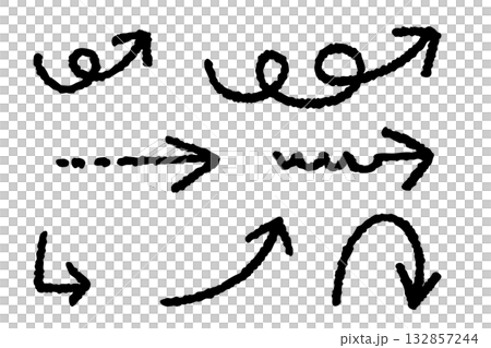 A set of hand-drawn black arrow illustrations, sketch-style curves, wavy lines, spirals, and other design elements that indicate various directions 132857244