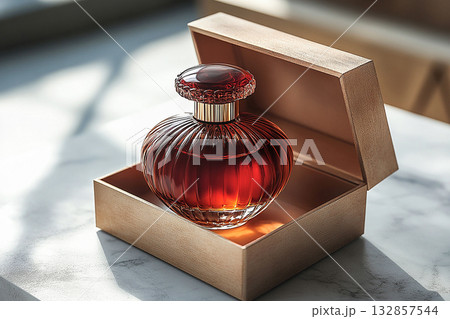 Glass perfume bottle featuring elegant gold detailing. Perfect for high-end perfume marketing. 132857544