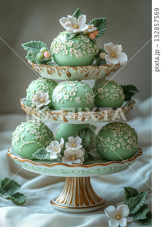 Various cakes in green tones on dessert stand with soft lighting. 132857569
