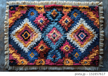 Handwoven rug texture with geometric print on a white background. Top view. 132857617