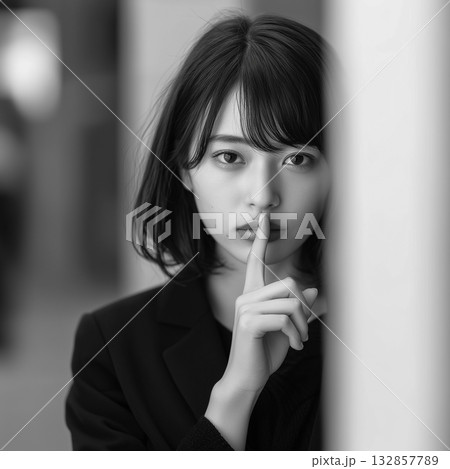 内緒のジェスチャーをする笑顔の女性｜シークレット・沈黙・秘密を伝えるビジュアル 132857789