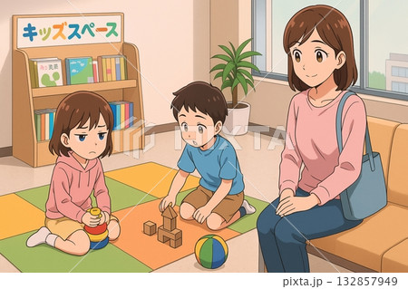 病院のキッズスペースで子どもを見守る母親 132857949