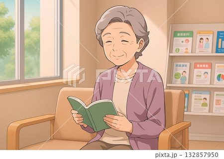 病院の待合室で本を読む高齢女性 132857950