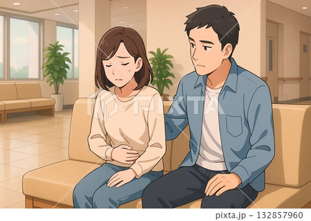 病院の待合室で体調不良の女性を支える男性 病院の待合室で体調不良の女性を支える男性 132857960