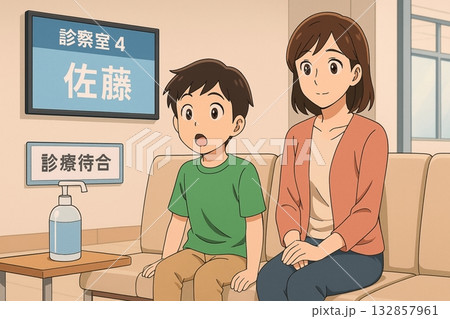 診察待合で母親と子どもが座って待つシーン 132857961