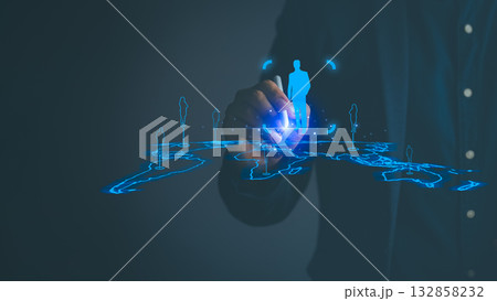 Global business network and digital human resources concept. Hand select CEO icon on world map. Represents recruitment, global talent acquisition, workforce management and digital HR technology. 132858232