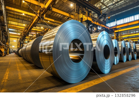 Cold rolled steel coil or stainless steel sheets at storage area in steel industry plant. in a warehouse. Cold rolled steel coil or stainless steel sheets at storage area in steel industry plant. in a warehouse. 132858296