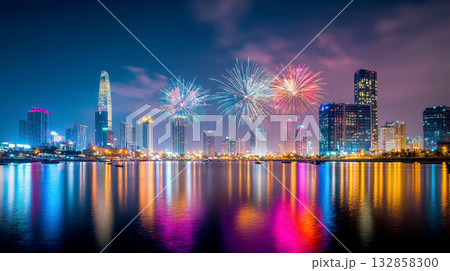 Spectacular fireworks display over a vibrant city skyline reflected in the water, creating a festive and colorful atmosphere. 132858300
