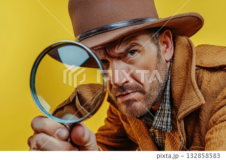 man holding magnifying glass and sheriff hat on isolated yellow back ground. 132858583