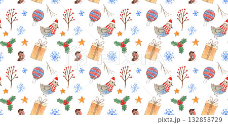 Cute watercolor Christmas pattern with small birds Cute watercolor Christmas pattern with small birds 132858729