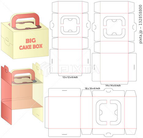 Big Cake Box Dieline Vector with Handle Multi Size Foldable Packaging Template Big Cake Box Dieline Vector with Handle Multi Size Foldable Packaging Template 132858800