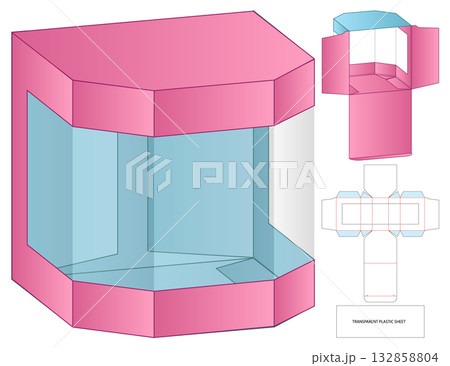Transparent Plastic Box Dieline Vector with Colored Net and 3D Assembly View 132858804