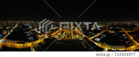 Aerial night view of the Plaza de Armas of Arequipa. Aerial night view of the Plaza de Armas of Arequipa. 132858977