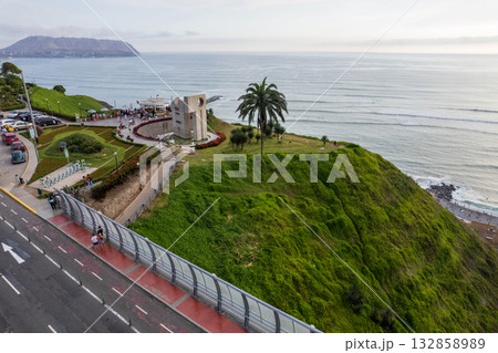 Aerial view of the Villena Rey Bridge in Miraflores. 132858989