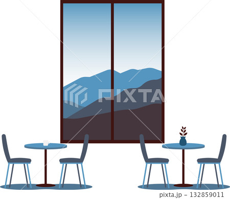 山の見えるカフェの窓辺イラスト背景 132859011