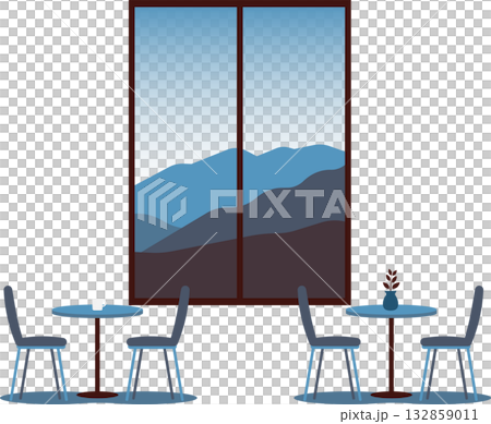 山の見えるカフェの窓辺イラスト背景 132859011