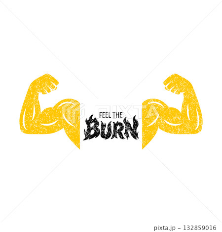 Fitness Motivation, Vector Illustration. Feel the Burn Typography with Flexing Biceps. Gym Workout Poster with Strong Muscular Arms, Bodybuilding Quote, Sport Motivation Design 132859016