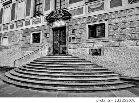 Historic building entrance with grand staircase 132859070