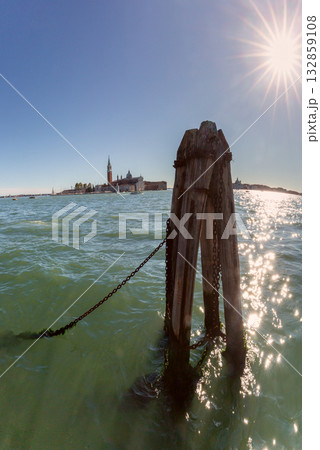 San Giorgio Maggiore View with Mooring Post in Venice, Italy San Giorgio Maggiore View with Mooring Post in Venice, Italy 132859108