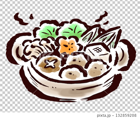シンプルでかわいい寄せ鍋（ちゃんこ鍋）　筆タッチ手描きイラスト 132859208