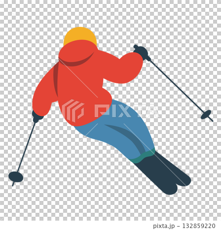 スキーで滑走する人の後ろ姿のイラスト スキーで滑走する人の後ろ姿のイラスト 132859220