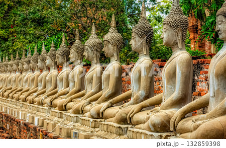 Row of Stone Buddha Statues in Meditation Pose Row of Stone Buddha Statues in Meditation Pose 132859398
