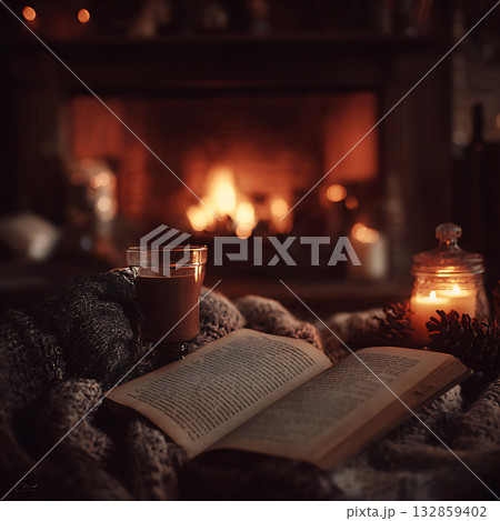 暖炉のそばで本とキャンドルを楽しむ心温まる冬の夜 132859402