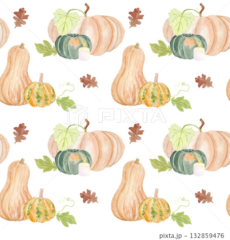 Pumpkins, butternut squash, green gourds, candles, oak leaves, vines. Seamless watercolor pattern isolated on white perfect for Thanksgiving, seasonal packaging, fabric, wrapping paper, rustic kitchen Pumpkins, butternut squash, green gourds, candles, oak leaves, vines. Seamless watercolor pattern isolated on white perfect for Thanksgiving, seasonal packaging, fabric, wrapping paper, rustic kitchen 132859476