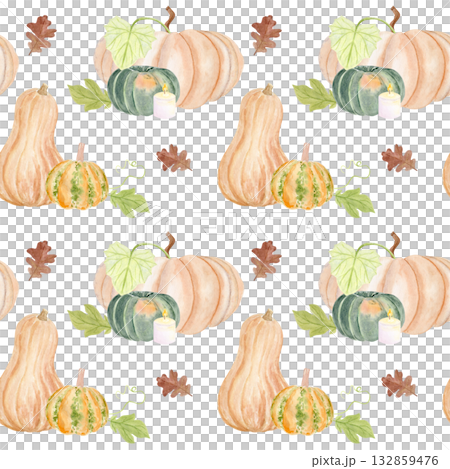 Pumpkins, butternut squash, green gourds, candles, oak leaves, vines. Seamless watercolor pattern isolated on white perfect for Thanksgiving, seasonal packaging, fabric, wrapping paper, rustic kitchen Pumpkins, butternut squash, green gourds, candles, oak leaves, vines. Seamless watercolor pattern isolated on white perfect for Thanksgiving, seasonal packaging, fabric, wrapping paper, rustic kitchen 132859476