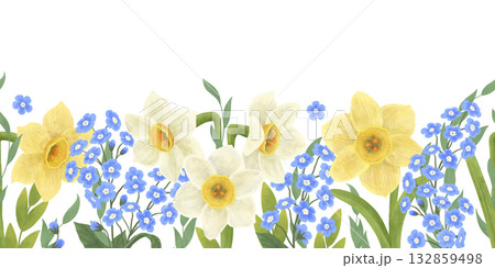 Seamless border with flowers of blue forgetmenots, yellow and white daffodils. Handdrawn in a flat style, painted with watercolors in pastel colors. An element for the design of postcards, packaging Seamless border with flowers of blue forgetmenots, yellow and white daffodils. Handdrawn in a flat style, painted with watercolors in pastel colors. An element for the design of postcards, packaging 132859498