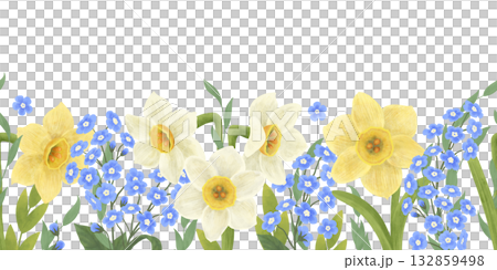 Seamless border with flowers of blue forgetmenots, yellow and white daffodils. Handdrawn in a flat style, painted with watercolors in pastel colors. An element for the design of postcards, packaging Seamless border with flowers of blue forgetmenots, yellow and white daffodils. Handdrawn in a flat style, painted with watercolors in pastel colors. An element for the design of postcards, packaging 132859498