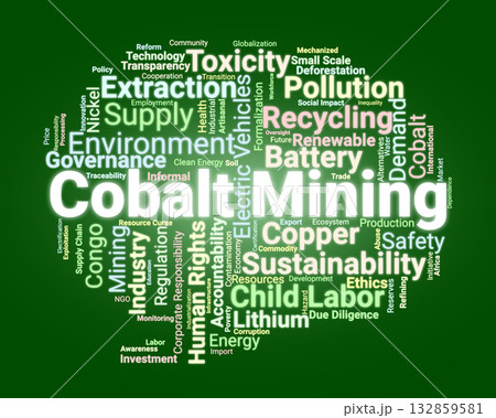 Cobalt Mining Word Cloud. Composition Of Words Related To Ethical Mining, Child Labor, Sustainability, Electric Vehicles, And Environmental Impact In Global Cobalt Production. Cobalt Mining Word Cloud. Composition Of Words Related To Ethical Mining, Child Labor, Sustainability, Electric Vehicles, And Environmental Impact In Global Cobalt Production. 132859581