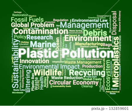 Plastic Pollution Word Cloud. Composition Of Terms Related To Waste, Microplastics, Environmental Impact, Marine Ecosystems, Sustainability, And Global Pollution Challenges. 132859601