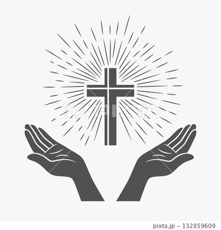 Vector Black and White Open Hands with Cross. Symbol of Faith and Prayer. Design Template for Church Logo. Prayer, Religion Concept. Monochrome Cut Out Silhouette Icon. Vector Illustration 132859609