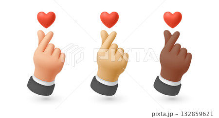 Vector 3d Finger Heart Hand Gesture Set. Korean Finger Heart Illustration Showing Love and Appreciation. Cute Hand Gestures for Social Media, K-Pop, Messaging Design. 3d Vector Icons 132859621