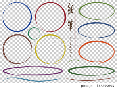 Hand-drawn fine line circle frame set / traditional colors Hand-drawn fine line circle frame set / traditional colors 132859693