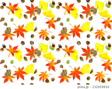 秋の落葉・木の実のシームレスパターン　手描き水彩イラスト背景素材 132859910