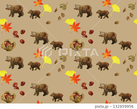 熊と木の実・木の葉のシームレスパターン　手描き水彩イラスト背景素材 132859956