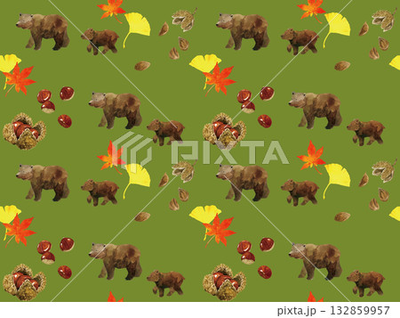 熊と木の実・木の葉のシームレスパターン　手描き水彩イラスト背景素材 132859957