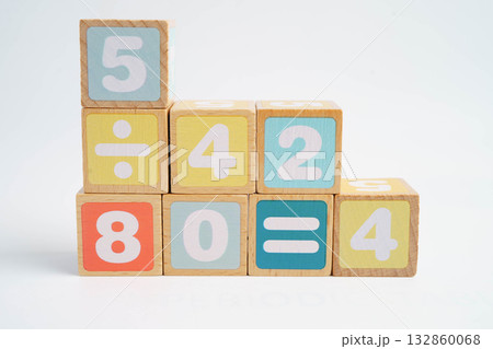 Number wood block cubes for learning Mathematic, education math concept. 132860068