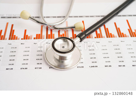 Stethoscope and US dollar banknotes on chart or graph paper, Financial, account, statistics and business data  medical health concept. 132860148