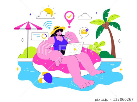 Freelance Workers Relaxing by the Swimming Pool Vector Illustration Featuring People Drinking Cocktails and Using Laptops in a Flat Background 132860267